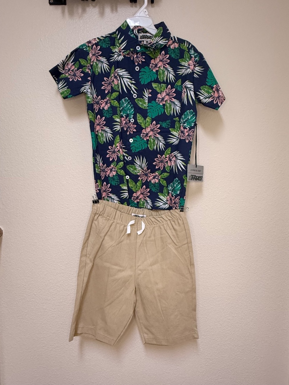 2 PC 100% Cotton Boys Hawaiian Shirt & Shorts Set Blue Green Pink Tan Size 8